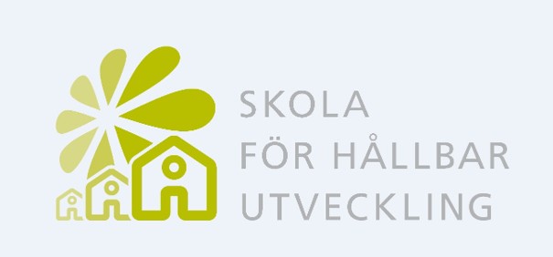 Tecknade hus och en sol. Texten "Skola för hållbar utveckling" i grönt.