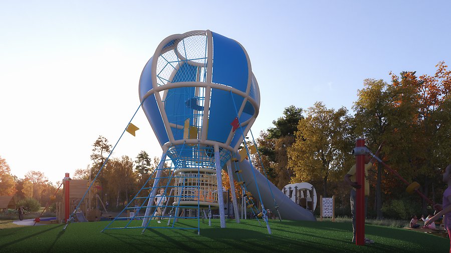 Lekplats med en byggnad som är utformad som en luftballong.