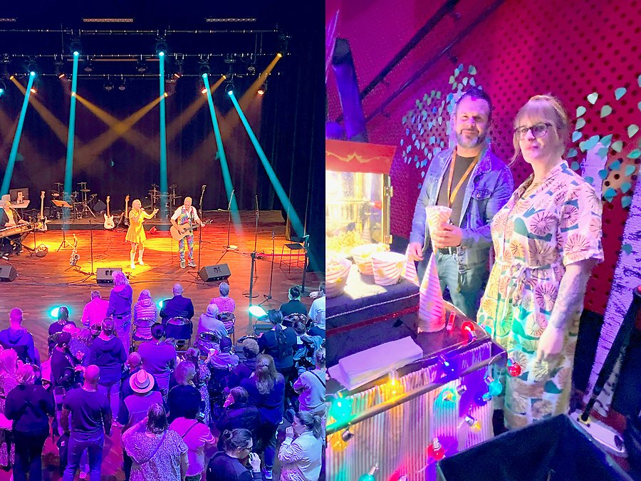 Linda Rapp med två musiker spelar på scenen under Funkisträffen. På bilden bredvid syns två medarbetare - Markus, enhetschef och Alexandra, stödpedagog. 